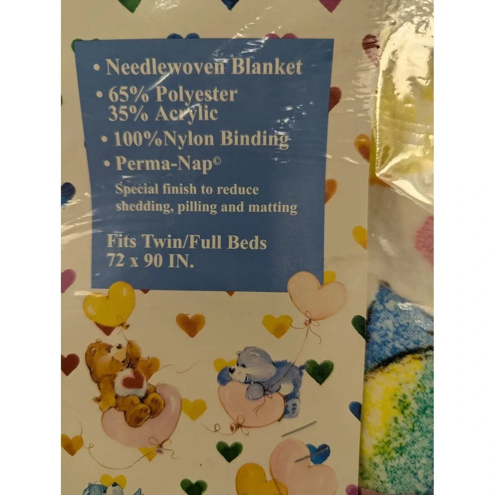 Vintage 1995 Care Bears Blanket Beacon Twin Full Bedding Hearts Balloons 72x90